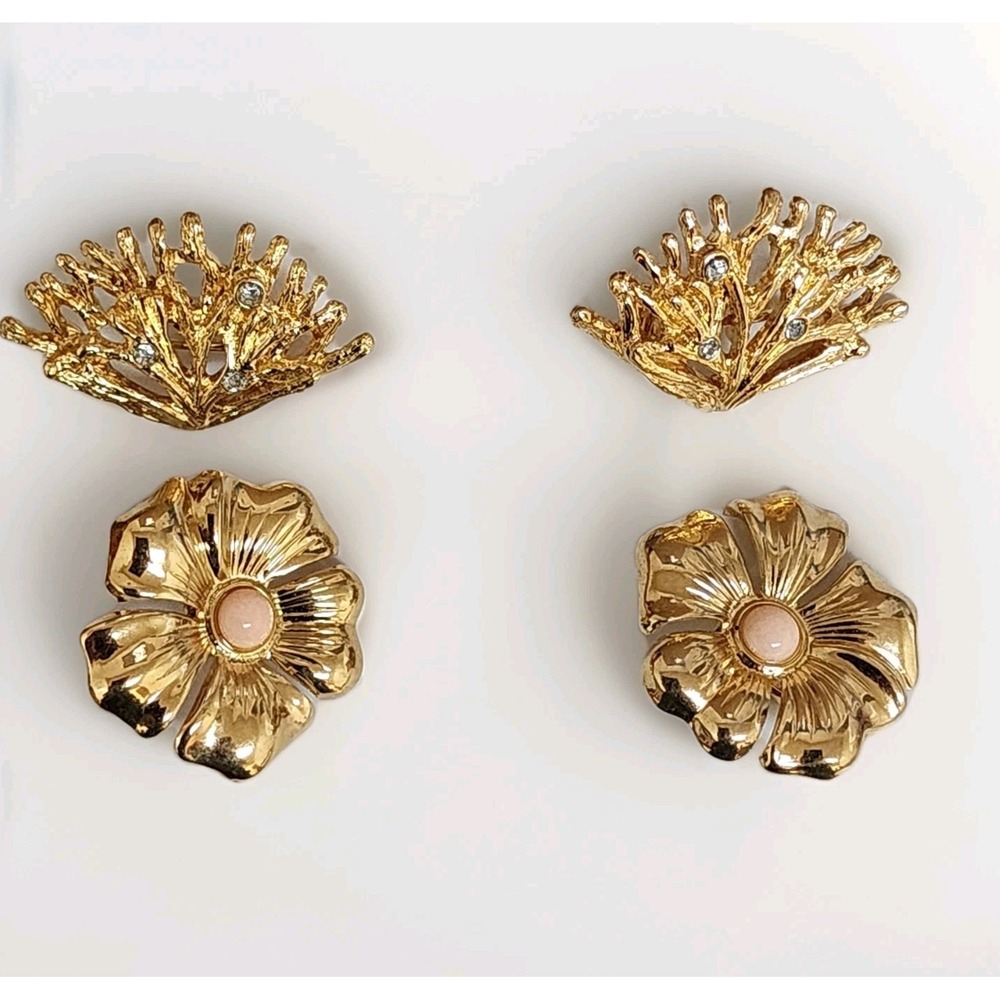 Avon Vintage Clip On Earrings Statement  Gold Tone Coral Tropical Flower Lot 2